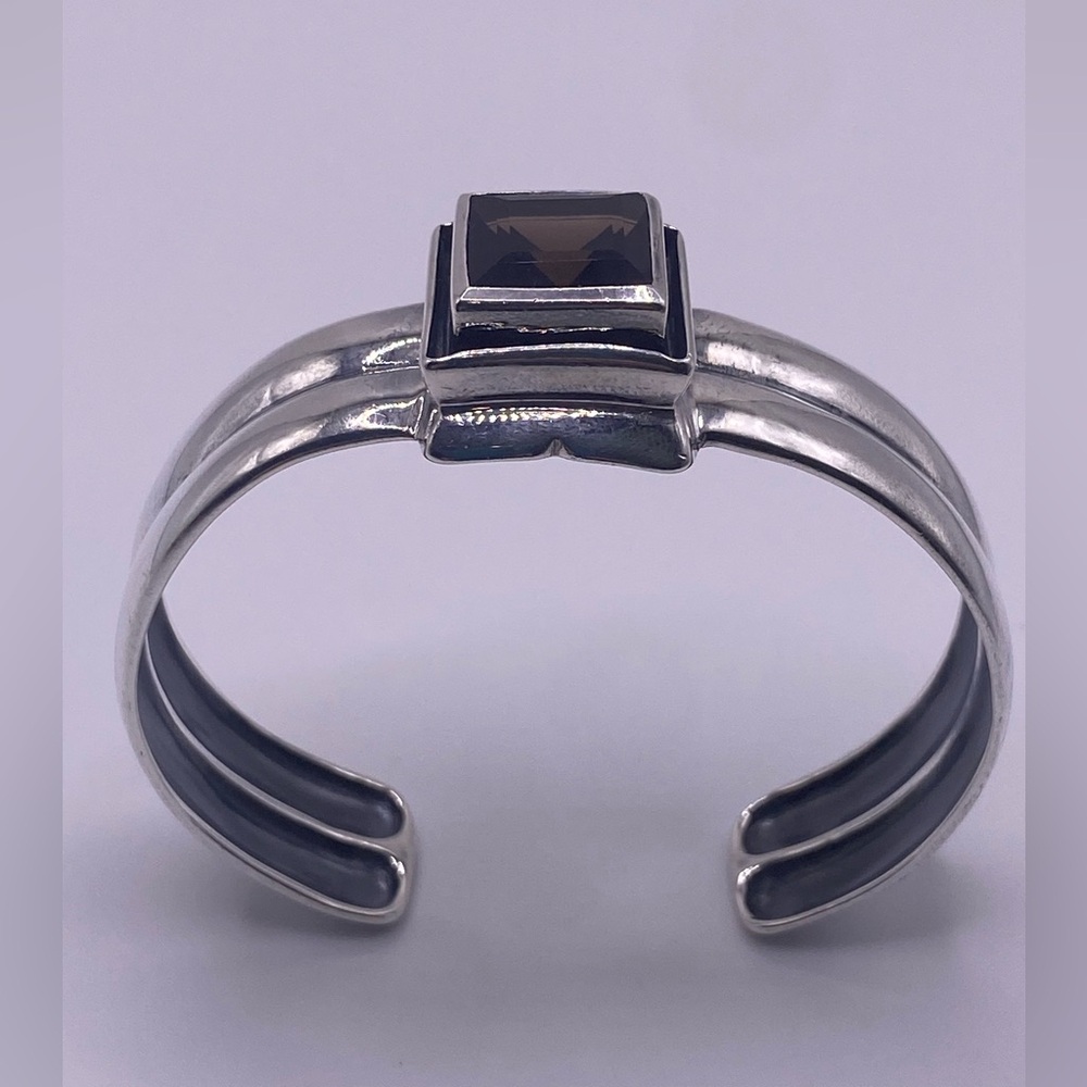 Silpada Rare Sterling Silver Double-Banded Cuff w/Faceted Smoky Quartz Stone